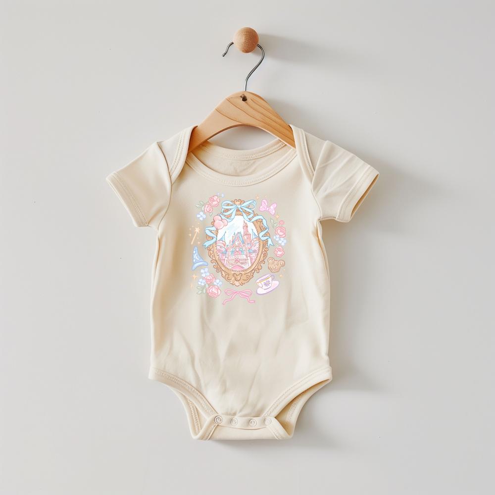 Cream toddler onesie with a pastel princess castle, floral, and butterfly design.