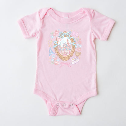 Pink baby onesie with a magical coquette castle, floral, and princess-themed design.