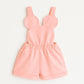 Pink Mouse Inspired Overalls with ear-shaped bib, stretch waistband, and rolled shorts.