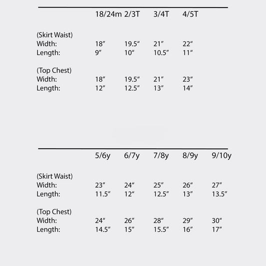 Kids two-piece athleticwear size chart with skirt waist and top chest measurements in inches.