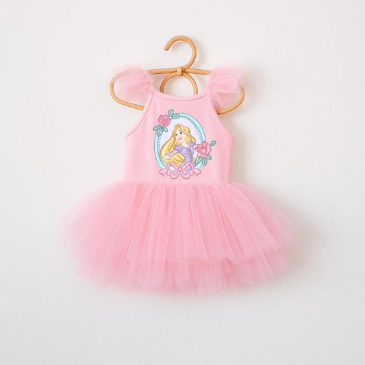 Pink Rapunzel ballerina dress with tulle skirt, ruffled sleeves, and character graphic.