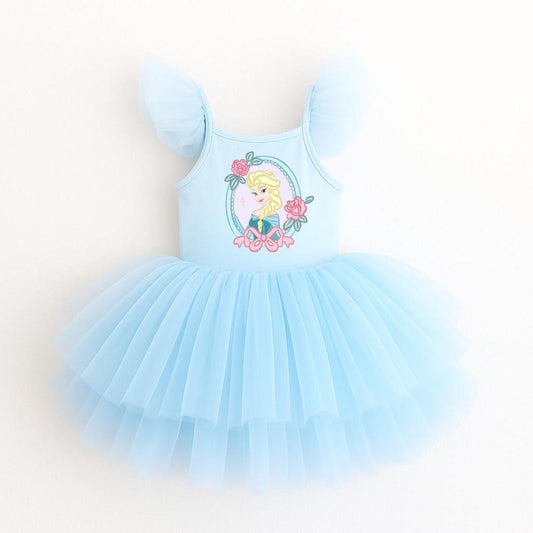 Light blue Snow Queen ballerina dress with ruffled sleeves, multi-layered tulle skirt, and Elsa graphic.
