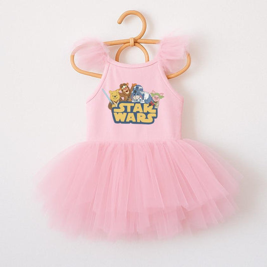 Pink Space Friends Ballerina Dress with tulle skirt and ruffled sleeves.
