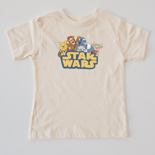 Cream kids' t-shirt with "Star Wars" logo and Winnie the Pooh characters dressed as Star Wars figures.