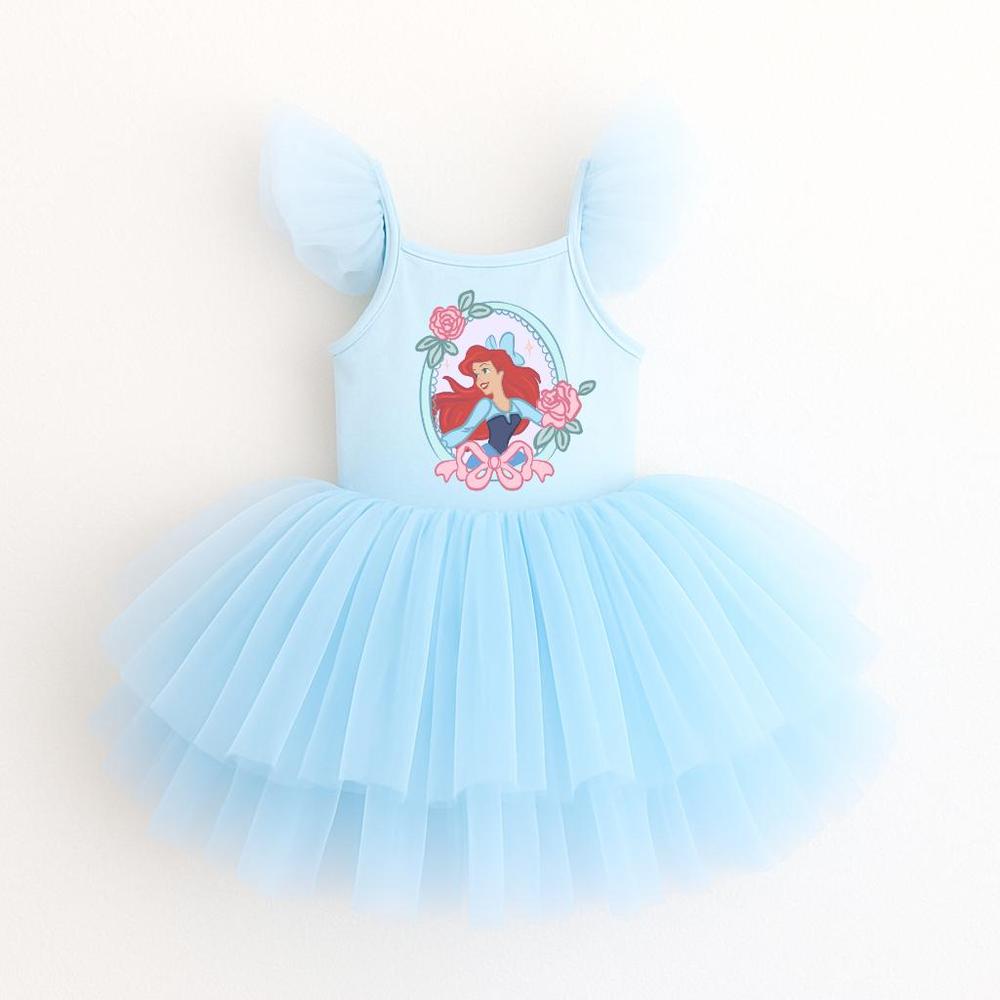 Light blue "Under the Sea" Ballerina Dress with Ariel graphic, ruffled sleeves, and layered tulle skirt.