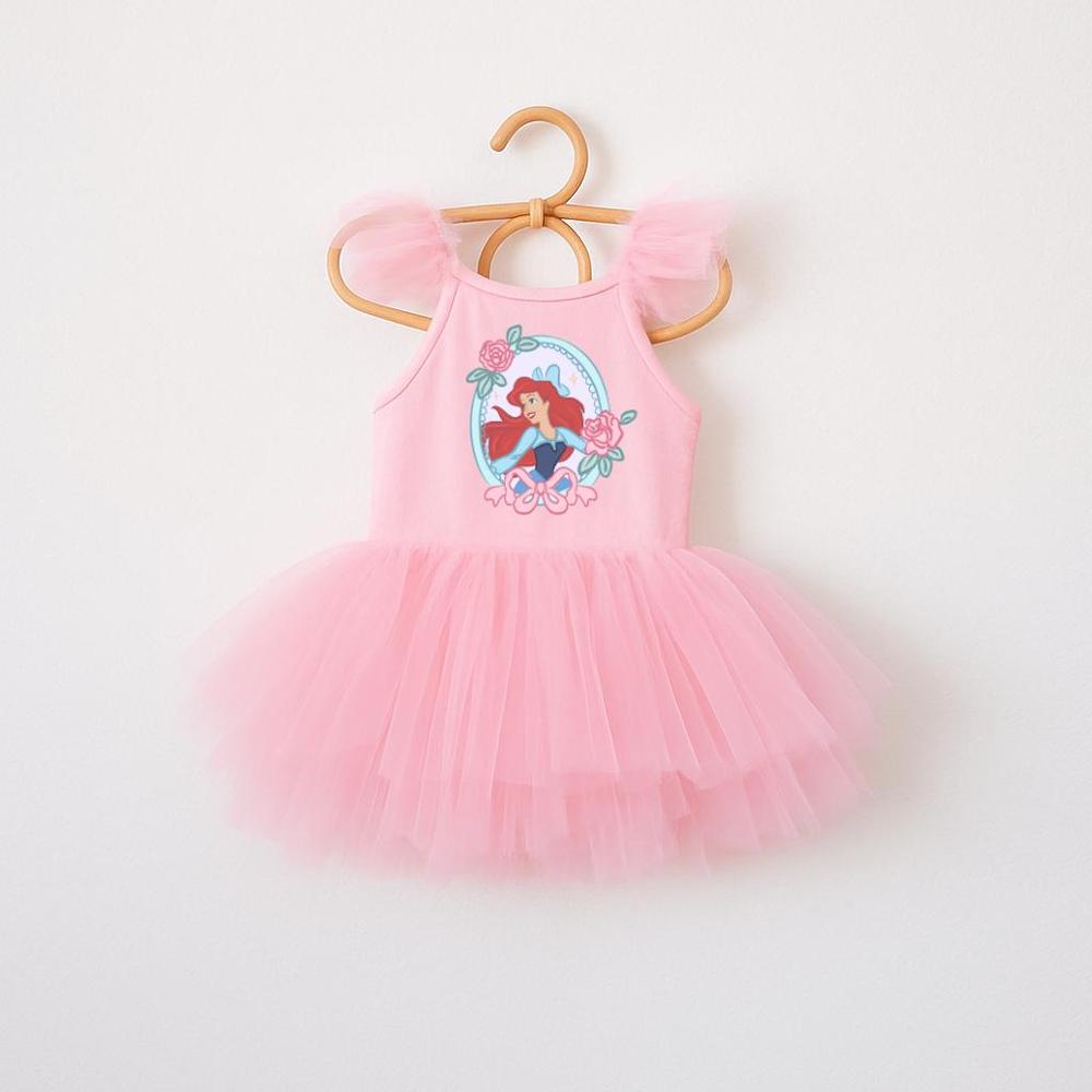 Pink "Under the Sea" Ballerina Dress with Ariel graphic, multiple tulle layers, and ruffled sleeves.