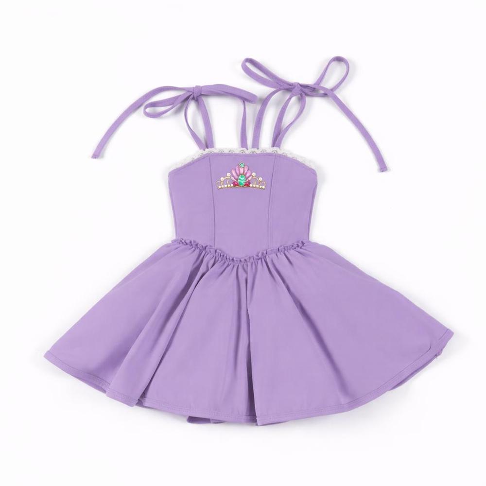 Purple "Under the Sea" activewear dress with tie straps, white lace trim, and a colorful tiara design.