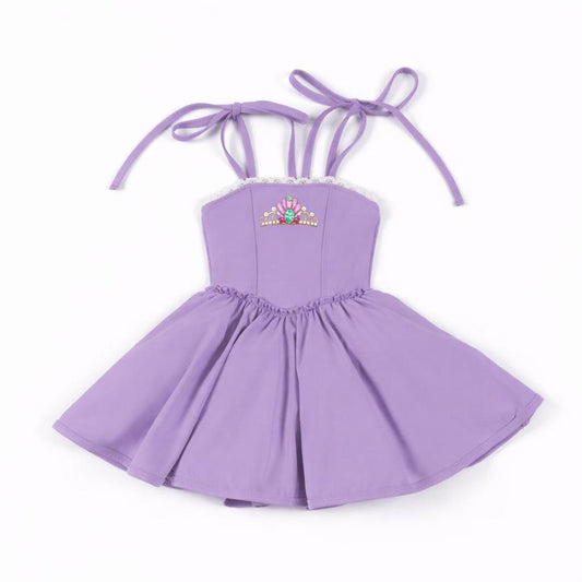 Purple "Under the Sea" activewear dress with tie straps, white lace trim, and a colorful tiara design.