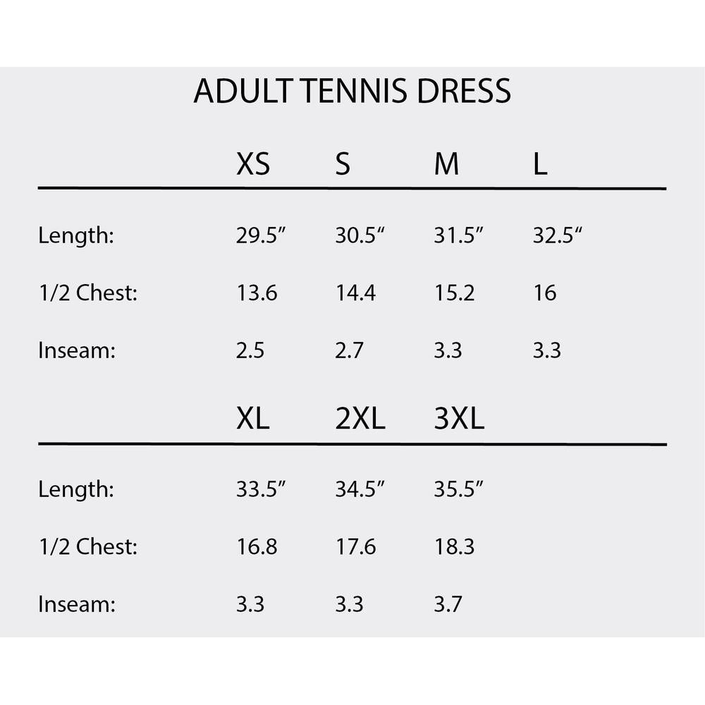 Adult tennis dress size chart with length, 1/2 chest, and inseam measurements for XS-3XL.