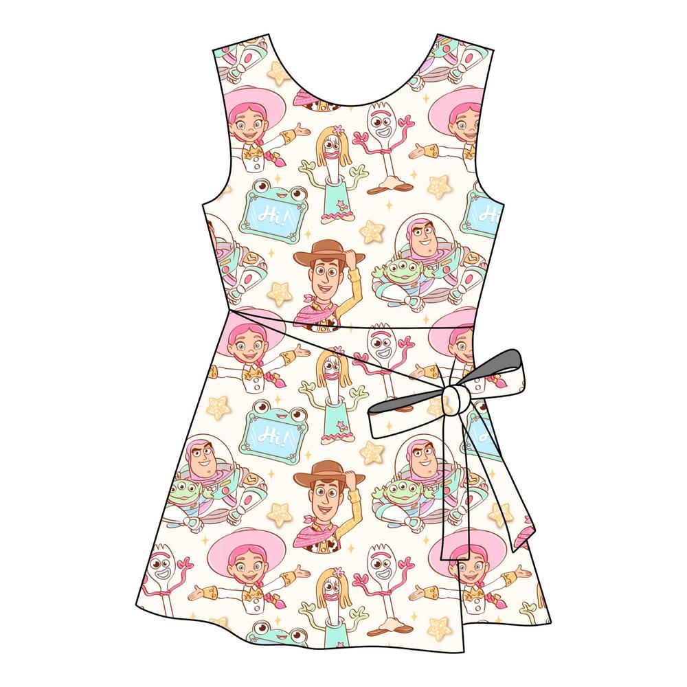 Women's Toys Two-Piece Activewear top with a colorful Toy Story character print and side bow.