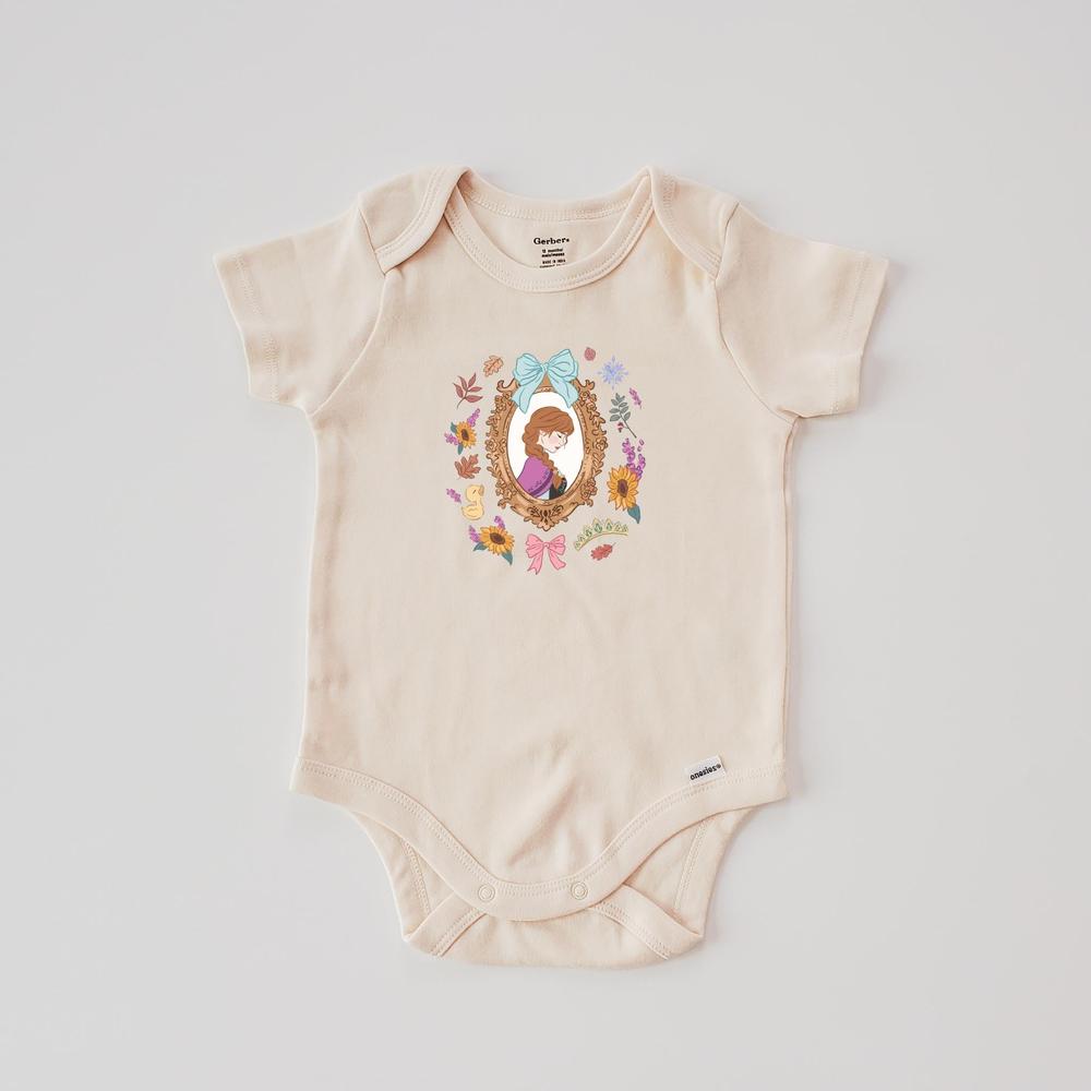 Gerber 3-6M natural cotton Wonderland infant onesie with framed princess and floral design.