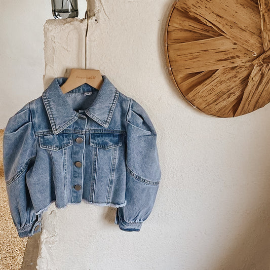 PUFF SLEEVED DISTRESSED DENIM JACKET