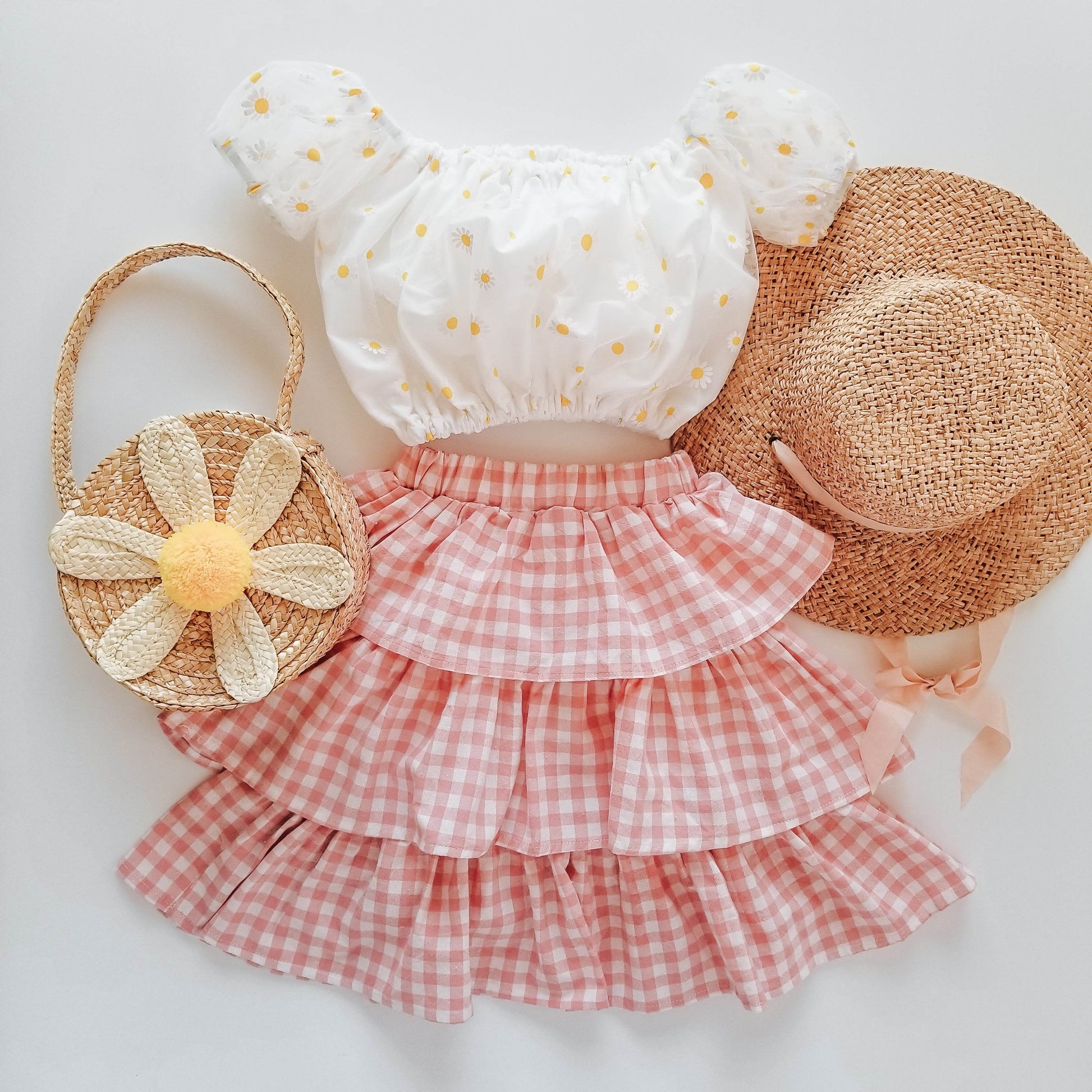 Tiered Midi Pink Gingham Skirt featheredbreaths