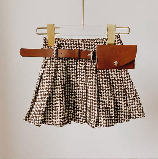 PLEATED HOUNDSTOOTH SKIRT WITH FANNY PACK