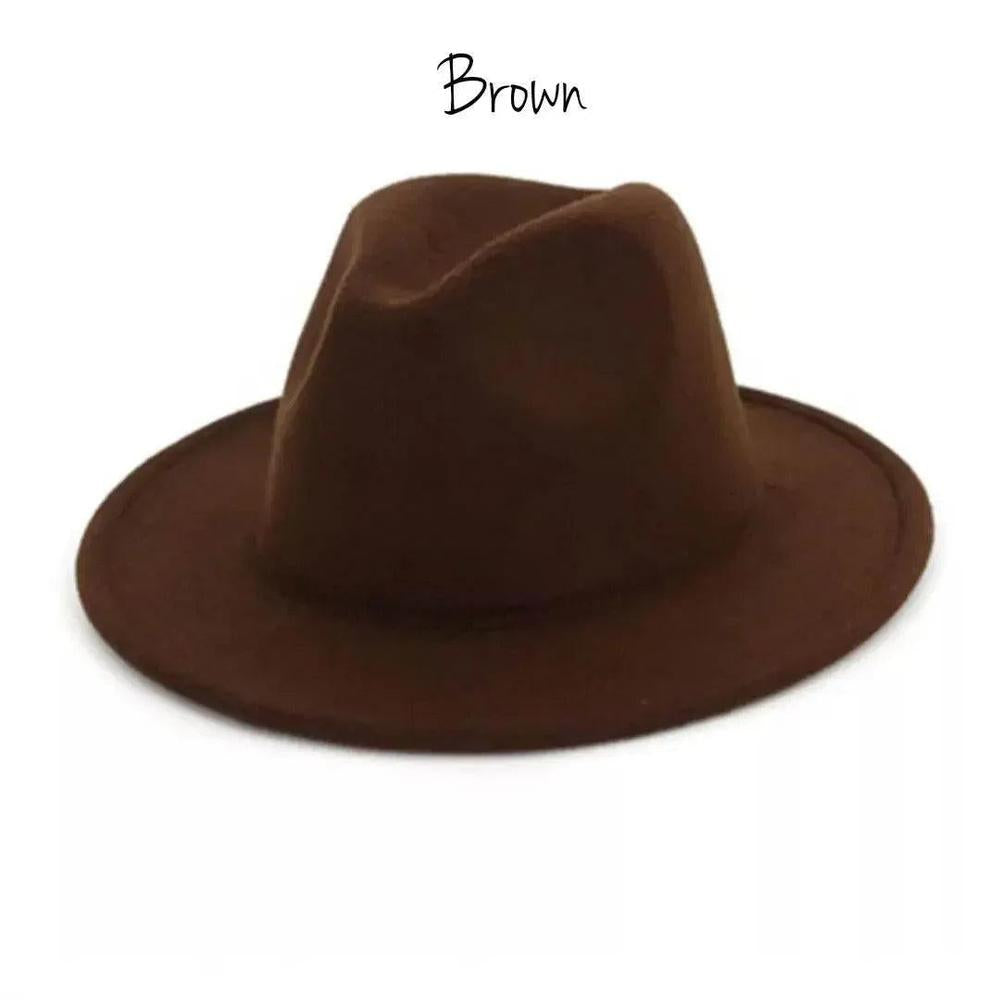 Brown classic brim hat for children, felt material, wide-brimmed, on white background.