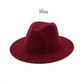 Wine red classic brim hat for kids, wide brim, soft felt, isolated on white background.